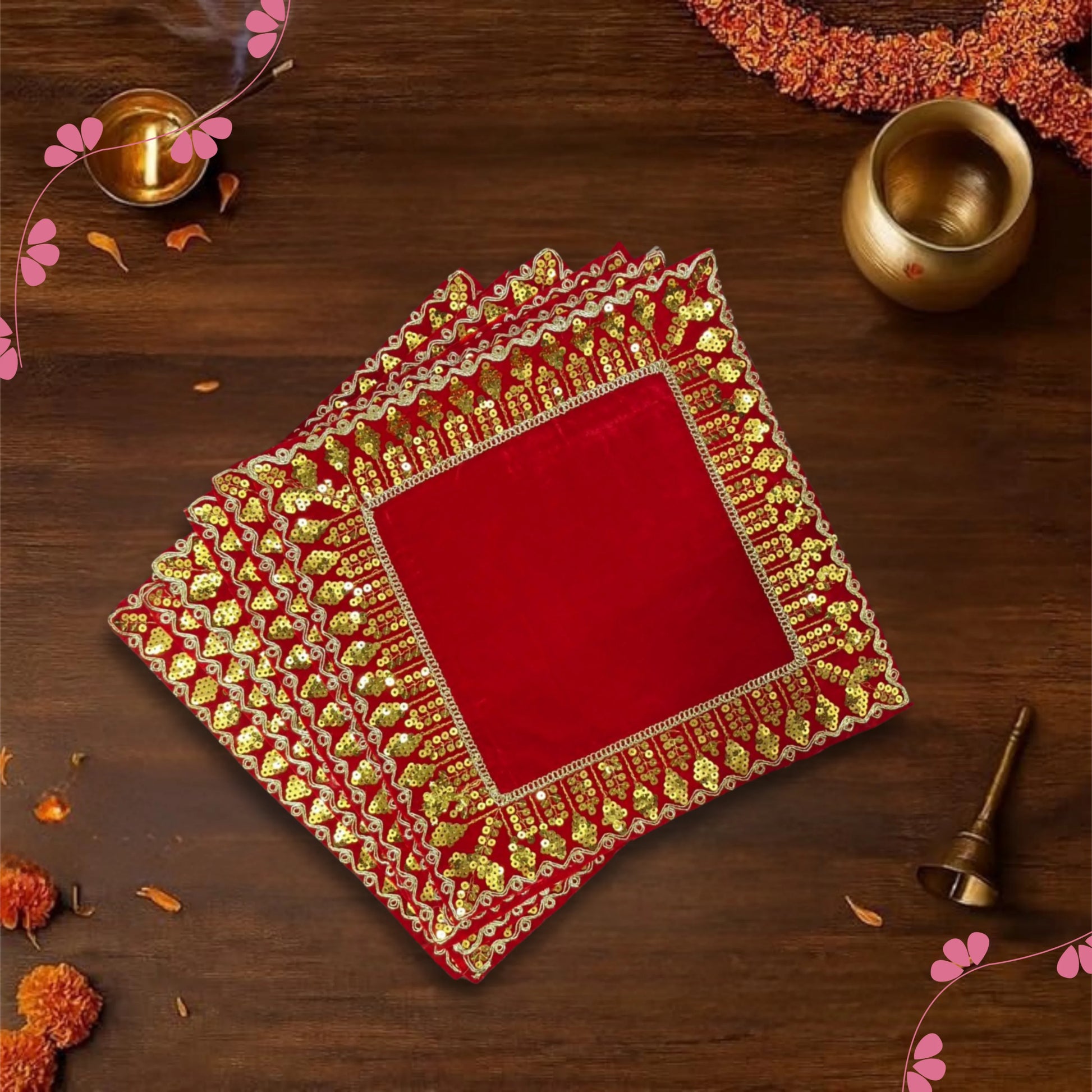 top view of Red Velvet Pooja Aasan with Golden Sequin Lace