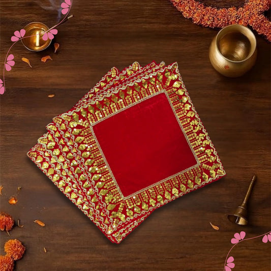 top view of Red Velvet Pooja Aasan with Golden Sequin Lace