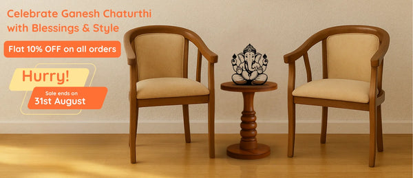 Dzyn Furnitures Ganesh Chaturthi sale banner featuring two teak-wood visitor chairs and a round side table with a Ganesha silhouette, highlighting a flat 10 % discount valid until 31 August.