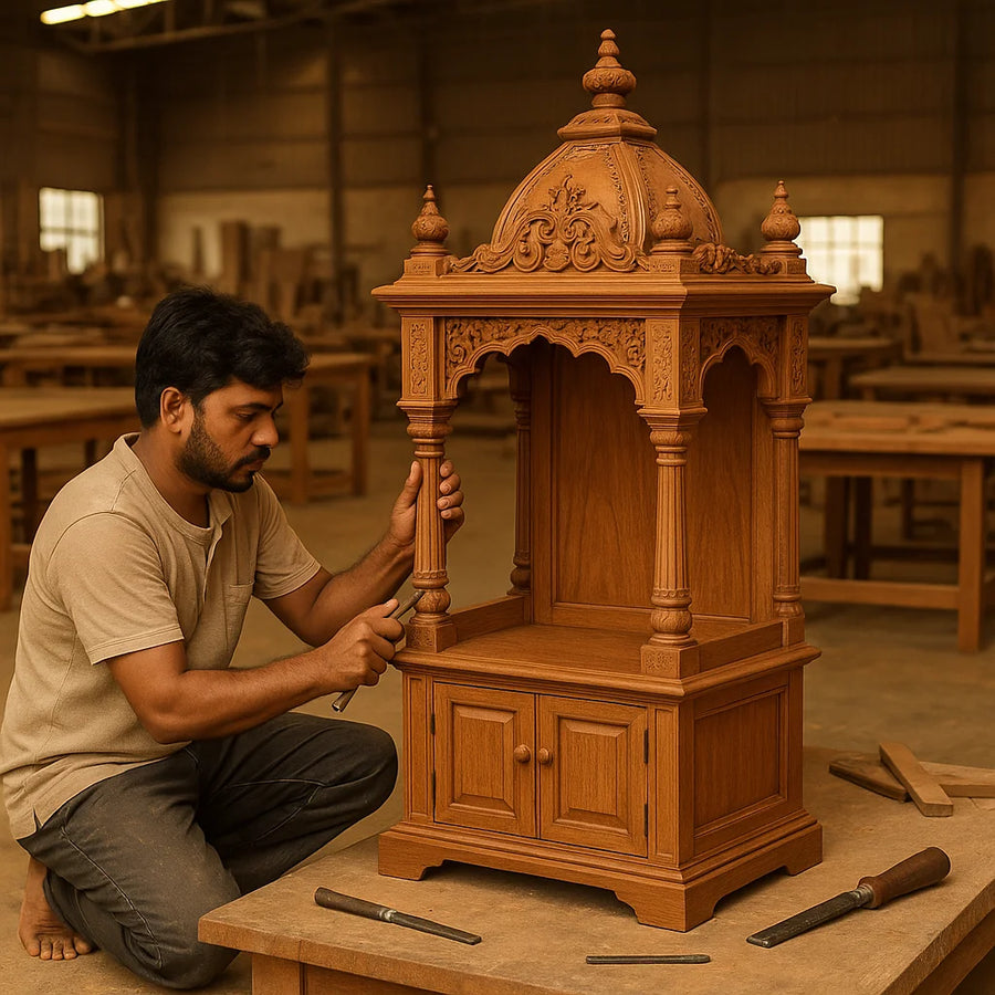 Man working on a wooden mandir in a workshop