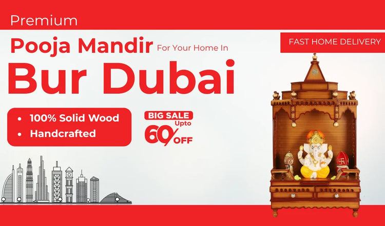 Advertisement for a wooden pooja mandir with promotional text on a red and white background.
