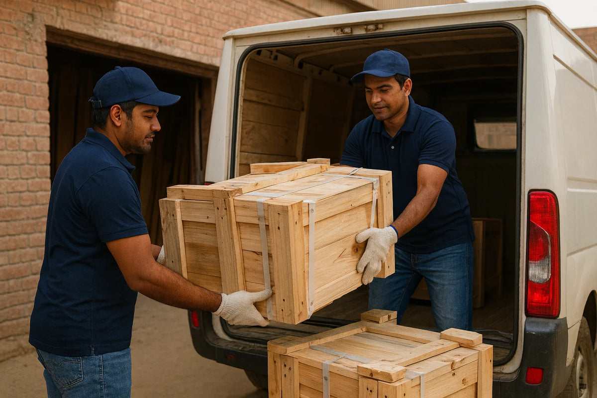 Two workers  loading large wooden crates with protective layer packaging into a delivery truck