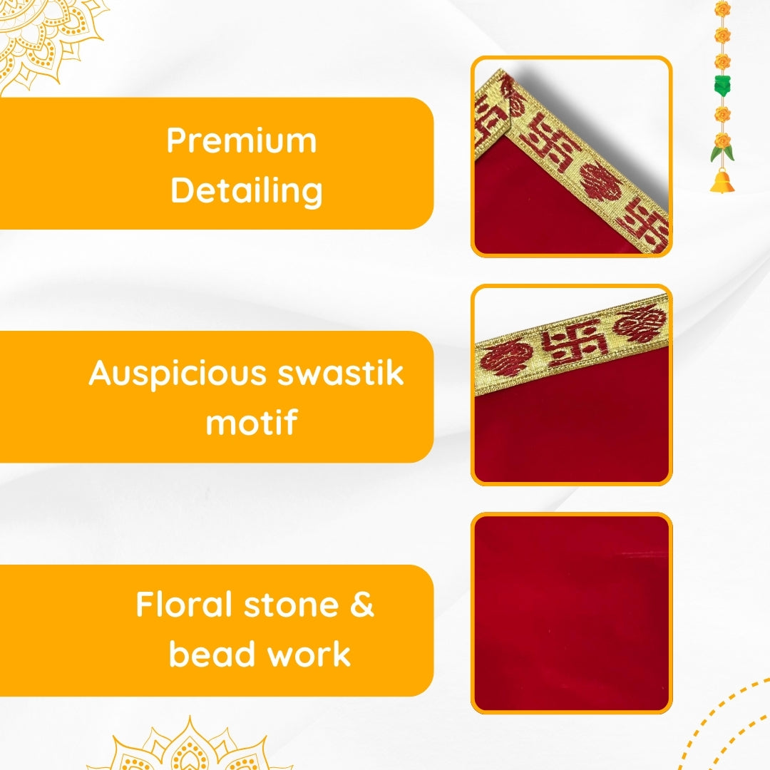 zoom-view-of-Red-Velvet-Pooja-Aasan-with-Swastik-Border –-09x13.4-Inch-features-view